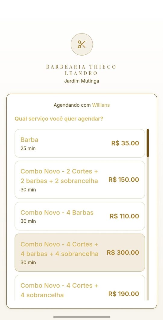 Tela do link de agendamento: o cliente escolhe o serviço, com duração e preço